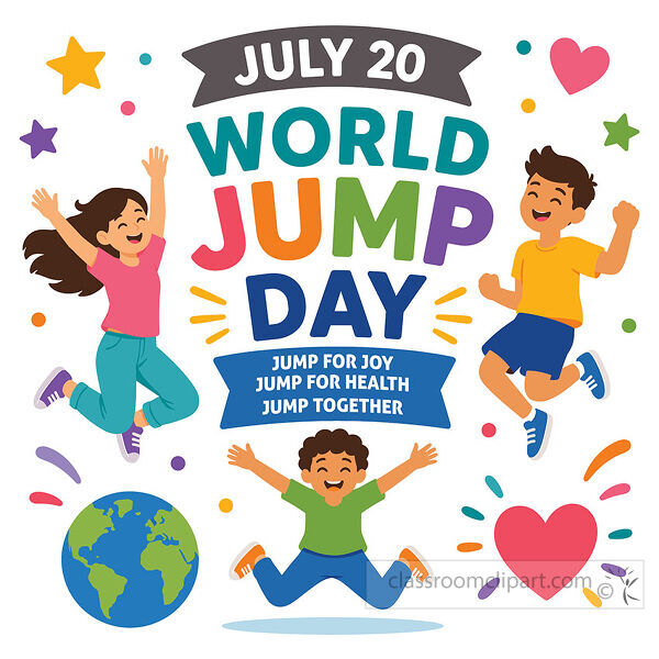 A joyful World Jump Day clipart image with children jumping around bold lettering a globe hearts and confetti