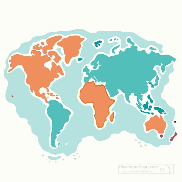 Colorful educational illustration of the world map highlighting continents for geography learning and classroom use