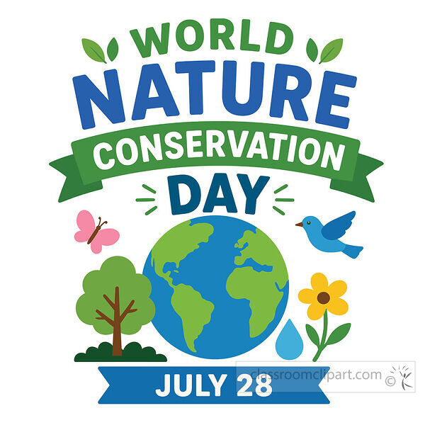 World Nature Conservation Day poster with Earth tree bird butterfly flower water and July 28 banner