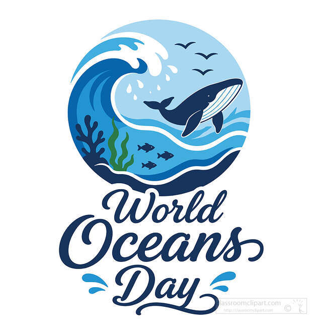 World Oceans Day lettering below an ocean scene with a whale wave fish seaweed birds and blue water