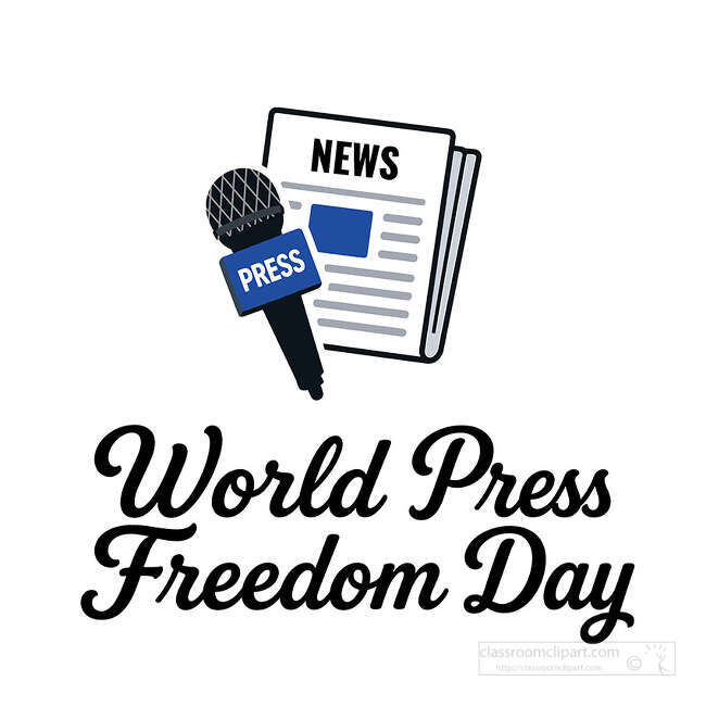 World Press Freedom Day text with press microphone and folded newspaper showing news headline and article lines