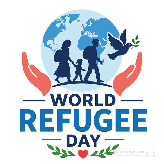 World Refugee Day lettering with family silhouettes globe hands dove leaves and a red heart