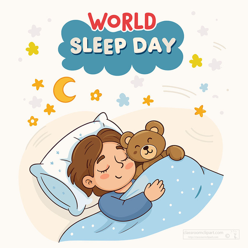Cute sleeping girl hugging teddy bear celebrating healthy sleep awareness