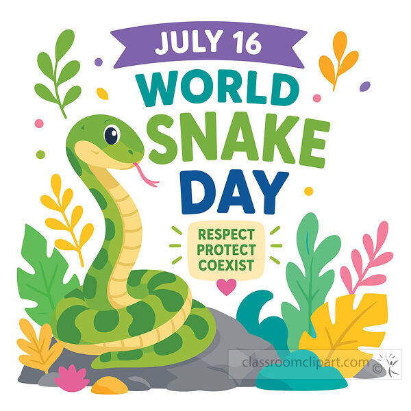 A bright World Snake Day clipart image with a green snake on rocks surrounded by colorful leaves and plants