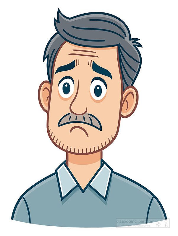 Sad man with mustache and gray hair Emotional character illustration in flat style
