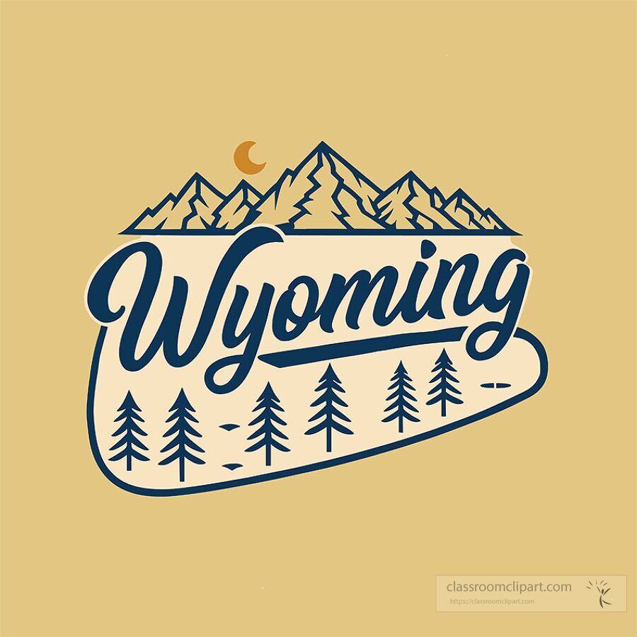 Wyoming state name typography logo with mountain range moon and pine trees on tan background in vintage style