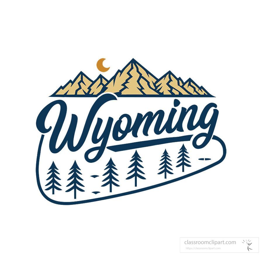 Vintage style Wyoming state name logo featuring golden mountains crescent moon and pine trees