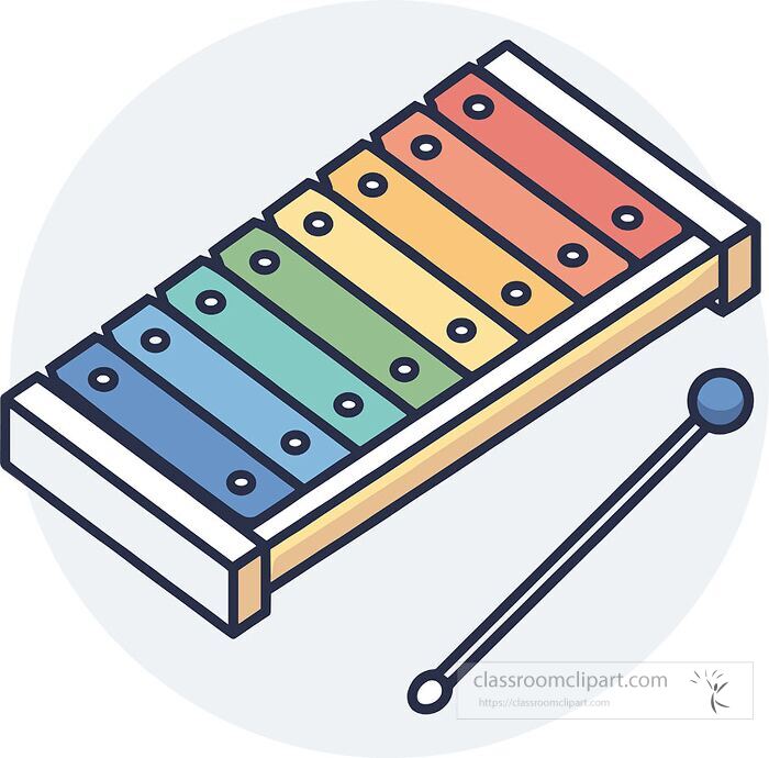 Flat vector illustration of a colorful xylophone musical instrument clipart with rainbow keys and mallet perfect for teaching kids music and classroom activiti