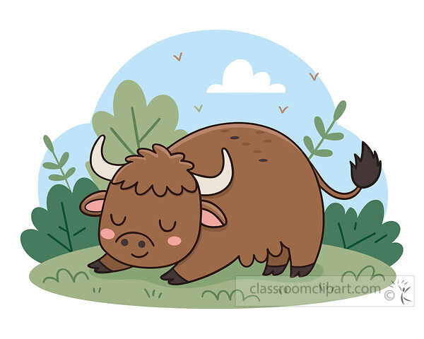 Grazing yak clipart with curved horns brown fur closed eyes green bushes and birds in the sky