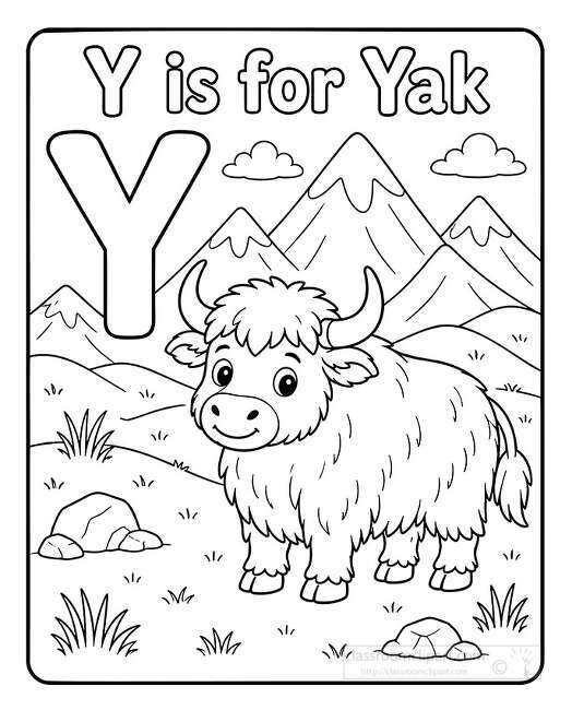 Black and white coloring page showing a fluffy yak with curved horns in a mountain scene with rocks grass clouds and a large letter Y
