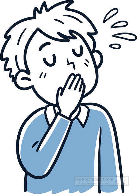 Yawning boy in a blue shirt with hand covering mouth and sleepy expression