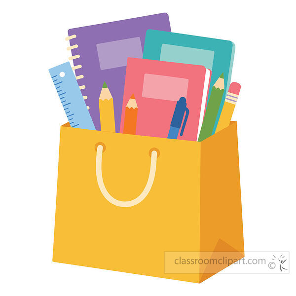 Colorful clipart of a yellow shopping bag filled with notebooks pencils ruler and pen for school shopping