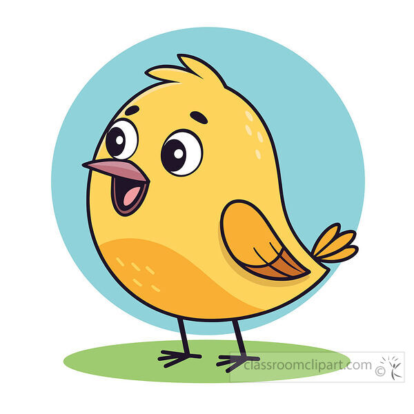 Cheerful yellow bird standing with an open beak orange wing and blue circle background
