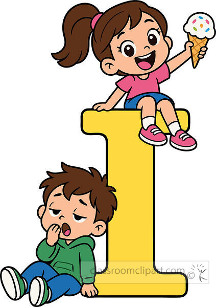 Large yellow letter I with a smiling girl holding a sprinkle ice cream cone and a sleepy boy sitting beside the bottom