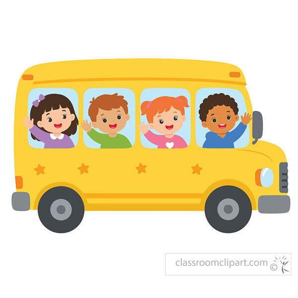 School bus clipart with four smiling children waving from windows and star decorations on a yellow bus