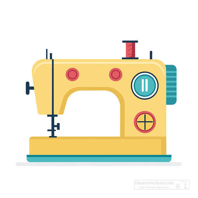 Yellow sewing machine with teal base red buttons spool of thread needle and side wheel