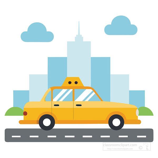 flat vector of yellow taxi on city street with buildings and clouds in the background