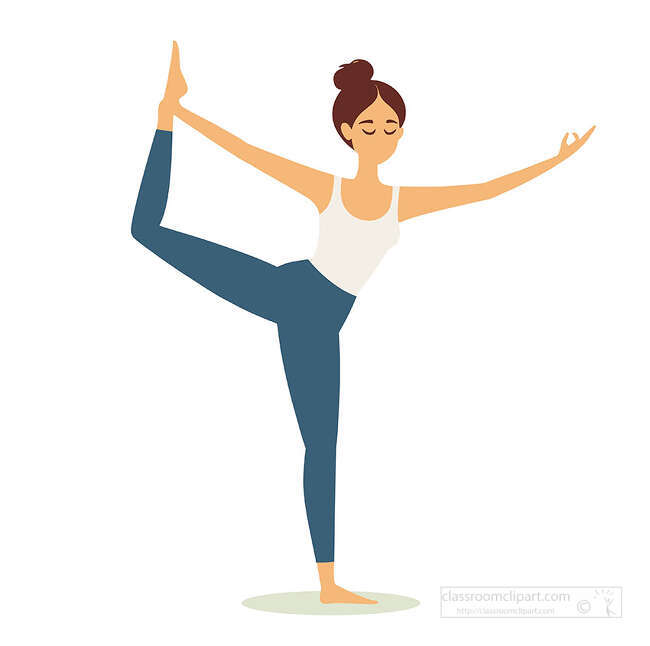 Woman balancing in dancer yoga pose with one leg raised and eyes closed in a calm style