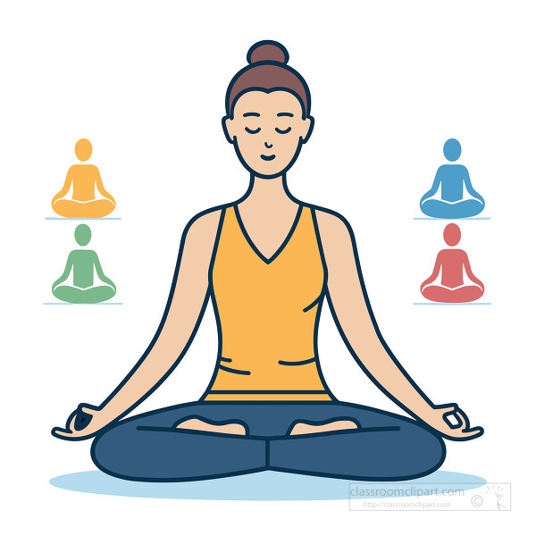 woman sitting cross legged in a yoga meditation pose wearing a purple top and green pants shown in flat design