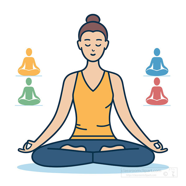 woman sitting cross legged in a yoga meditation pose wearing a purple top and green pants shown in flat design