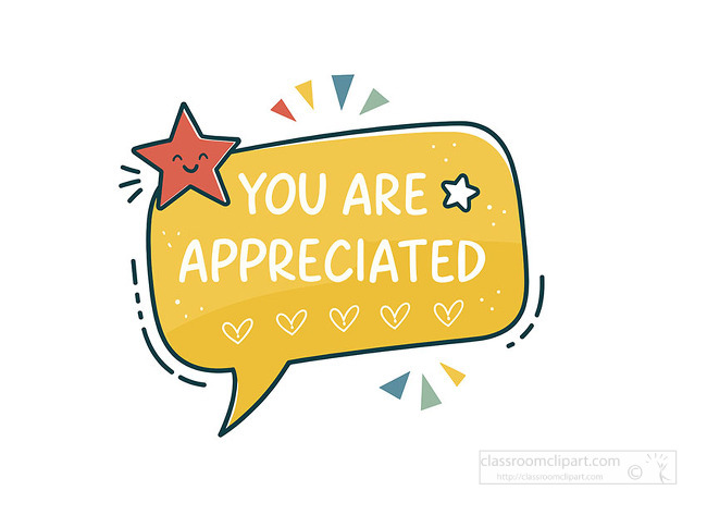 Yellow speech bubble features you are appreciated message with hearts and stars for gratitude cards social posts or appreciation graphics