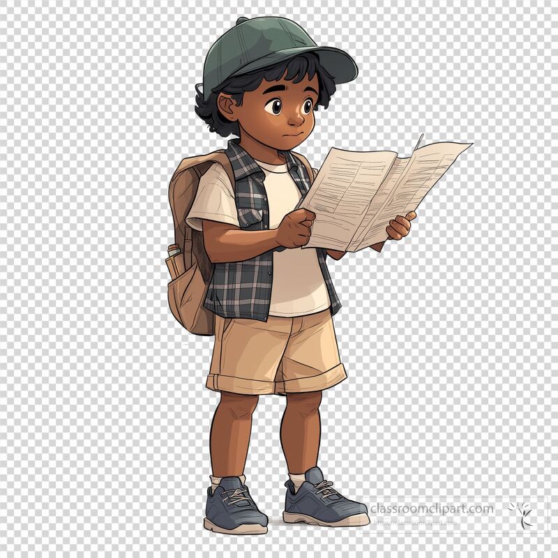 A young boy stands outdoors, holding a guide and looking curiously at the map He wears a cap, a plaid vest, and shorts with a backpack slung over one shoulder His expression conveys excitement and curiosity about his surroundings