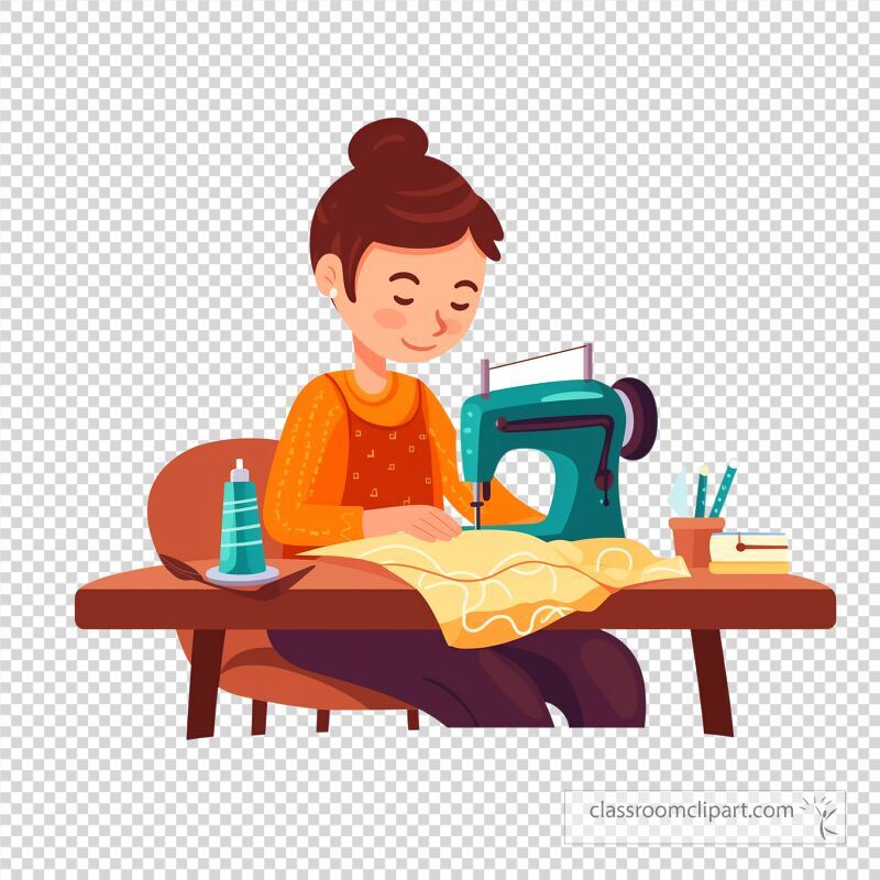 A young girl sits at a table happily sewing a colorful fabric with a sewing machine Various sewing supplies are neatly arranged around her in a warm inviting space