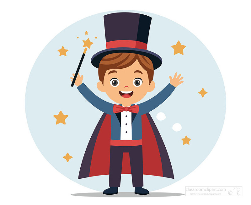 Cheerful boy stands with arms raised wearing a dark cape tall hat and red bow tie while performing a fun magic trick.