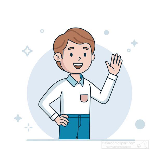 cheerful man in a white shirt waves his hand while smiling in a friendly greeting