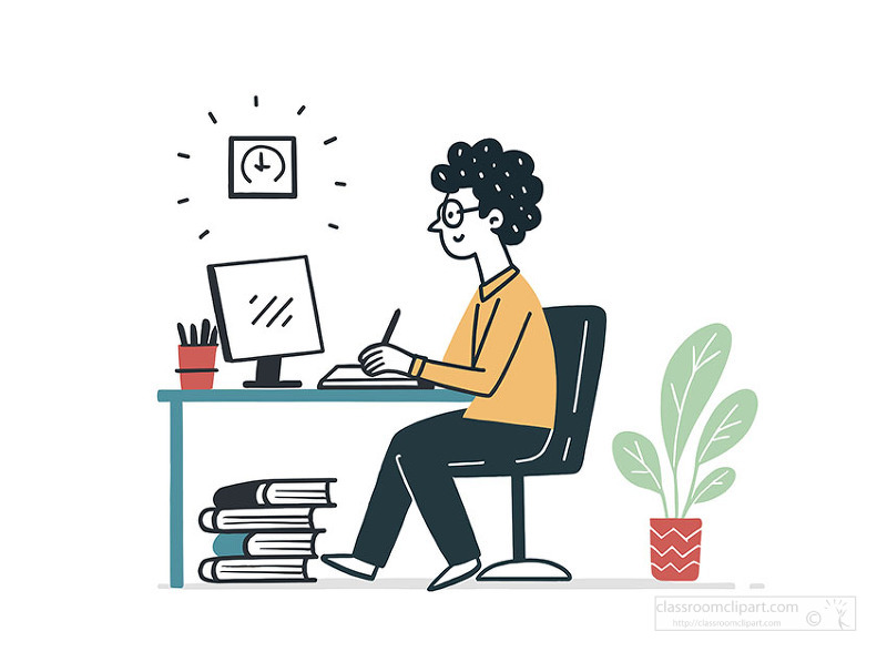 Student working at desktop computer with books clock and indoor plant