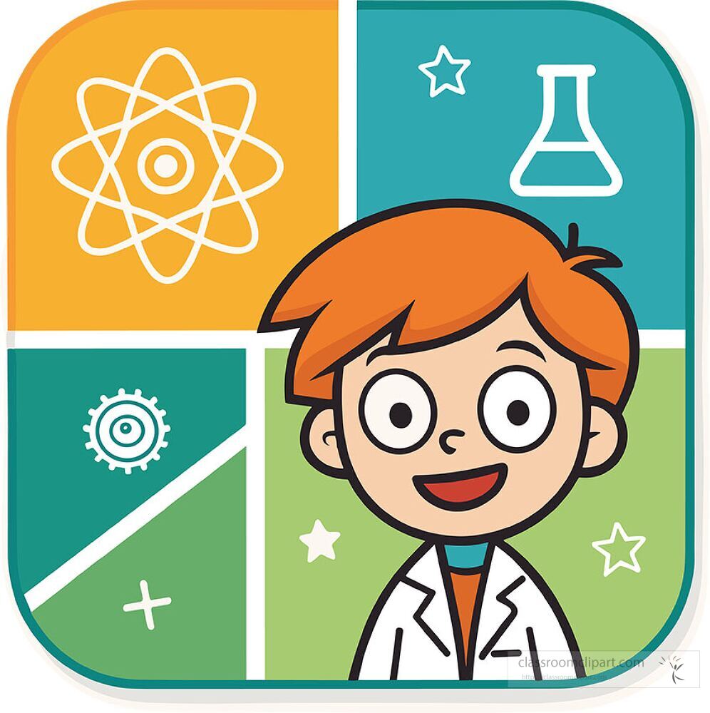 A cheerful young scientist stands against a colorful background filled with science symbols like atoms a flask and gears The bright colors create an engaging atmosphere for learning