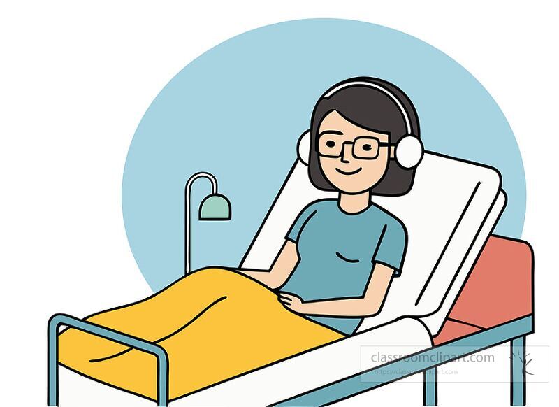 A young woman with glasses lies comfortably in a hospital bed She wears headphones and appears relaxed enjoying her time resting A bedside lamp illuminates the space