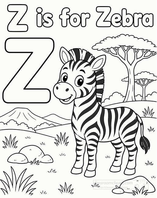 zebra, letter Z, stripes, savanna, tree, hills, alphabet, coloring page, Z is for, animal, worksheet, kids