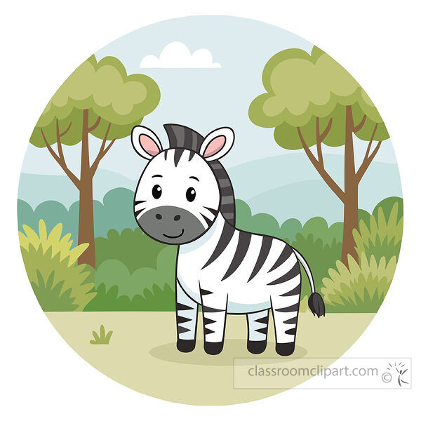 Smiling zebra stands in a circular jungle scene with trees bushes pale hills and a small cloud
