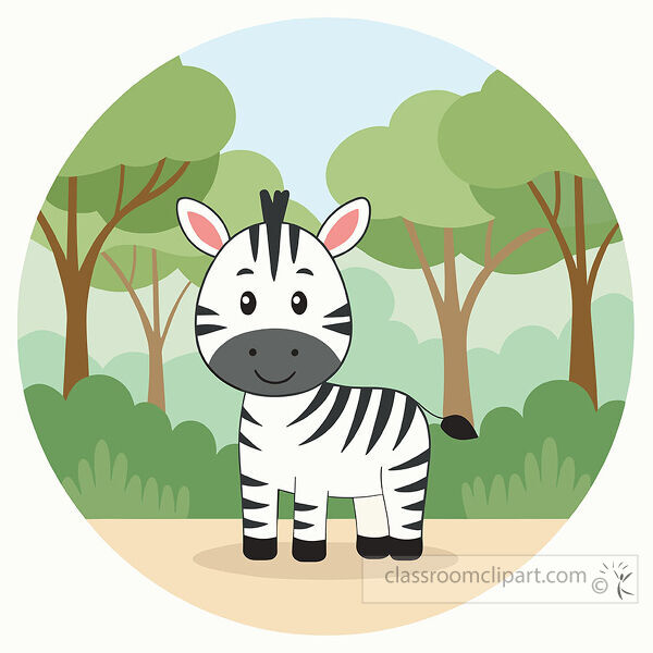 Smiling zebra stands in a circular forest scene with green trees bushes and sandy ground