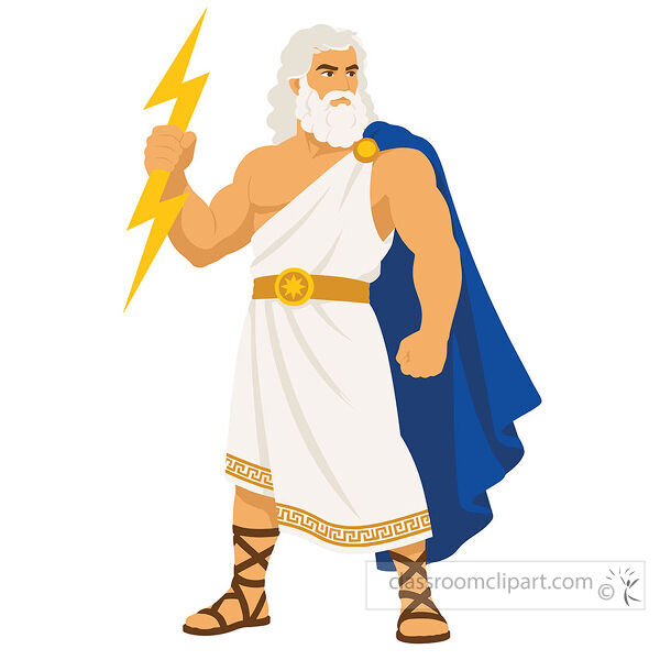Ancient Greece Zeus figure in white robes and a blue cape holding a yellow lightning bolt in a strong pose
