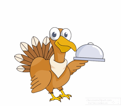 Holidays and Special Occassions Clipart - cartoon-turkey-serving-cooked- turkey-animated - Classroom Clipart
