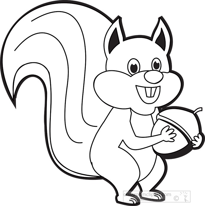 Squirrel Clipart Clipart - smiling-cartoon-squirrel-character-holding-nut-black-white-outline-black-outline-clipart  - Classroom Clipart