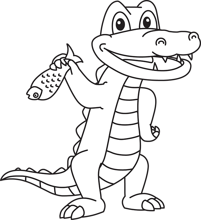 Animals Black and White Outline Clipart - crocodile-holding-fish-reptiles- black-white-outline - Classroom Clipart