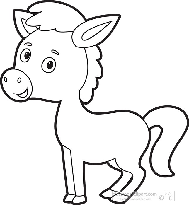 Animals Black and White Outline Clipart - cute-pbabyhorse-cartoon-character- black-outline - Classroom Clipart