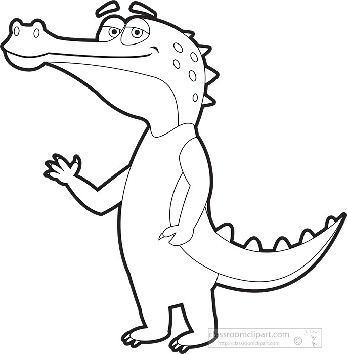 Animals Black and White Outline Clipart - standing-crocodile-cartoon -character-waving-black-outline - Classroom Clipart