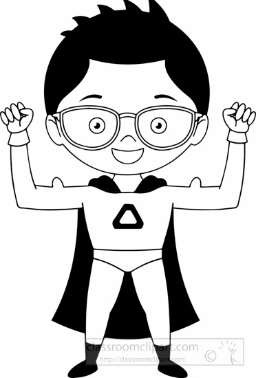 Cartoons Black and White Outline Clipart - black-white-boy-in-superhero-costume-clipart  - Classroom Clipart