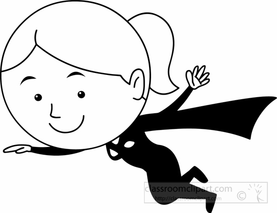 Cartoons Black and White Outline Clipart - black-white-cute-supergirl-flying-clipart  - Classroom Clipart