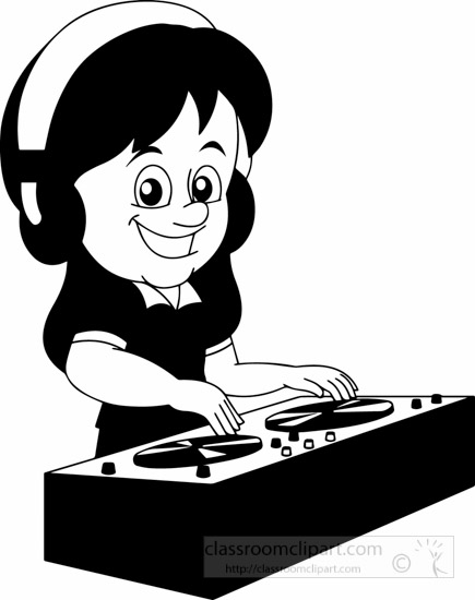 Music Black and White Outline Clipart - cartoon-dj-girl-playing-music-black-white-outline-clipart  - Classroom Clipart