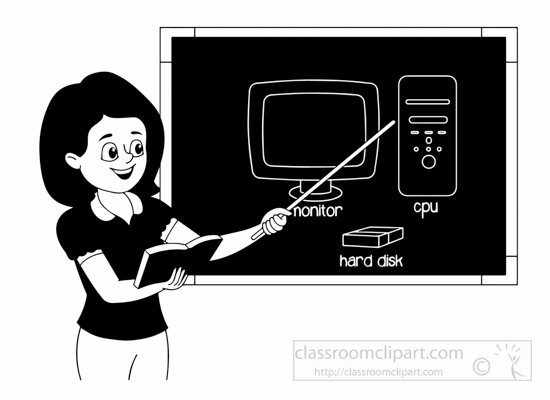 School Black and White Outline Clipart - black-white-teacher-in-computer- class-clipart - Classroom Clipart