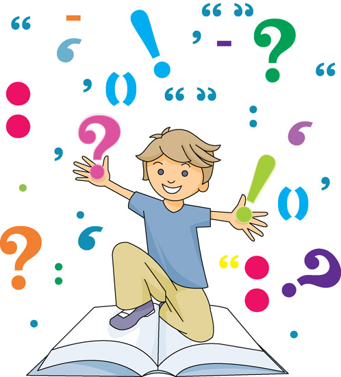 Language Arts Clipart - boy_with_punctuation-marks-2 - Classroom Clipart